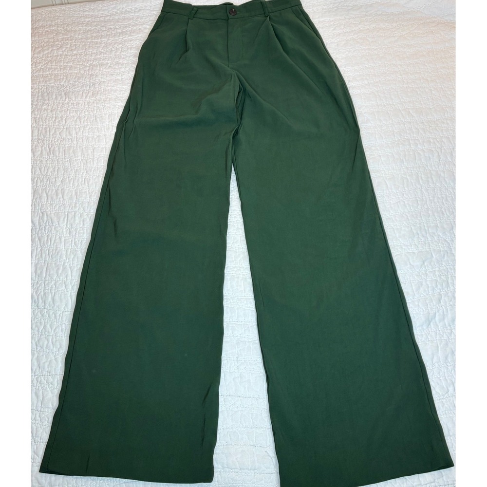Zara Wide Leg Trousers Women Size S Green Pleated High Waist Dress Pants Flowy